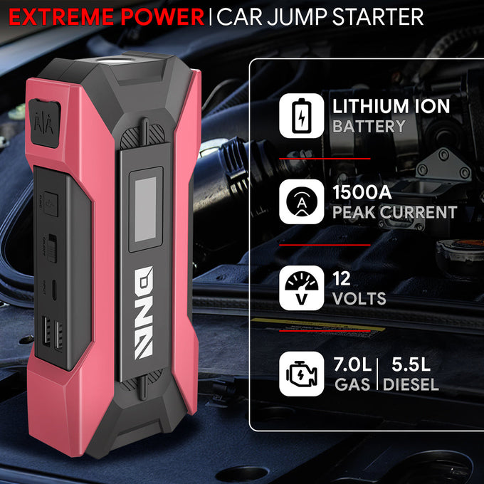 1500 Peak Amp Car Battery Jump Starter with USB Power Bank (Pink)