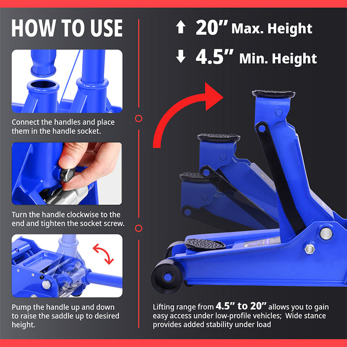 4 Ton Hydraulic Floor Jack <br> 4.5 In. Min. to 20 In. Max. Height