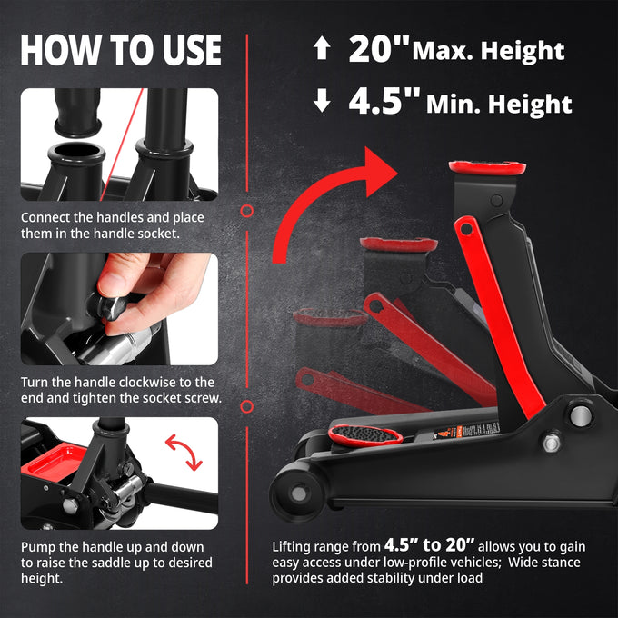 4 Ton Hydraulic Floor Jack <br> 4.5 In. Min. to 20 In. Max. Height
