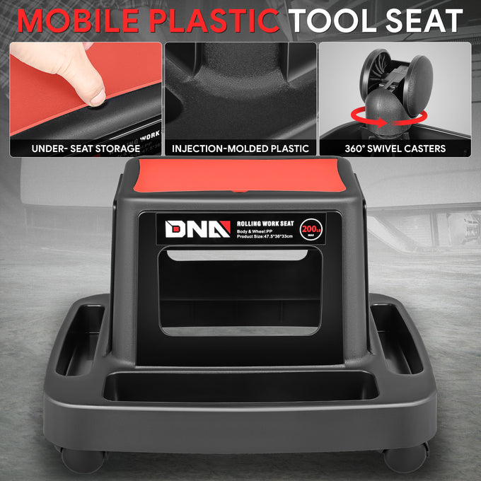 Under-Seat Storage Mobile Plastic Tool Seat <br>Size: 18.7L x 14.1W x 13 in. H