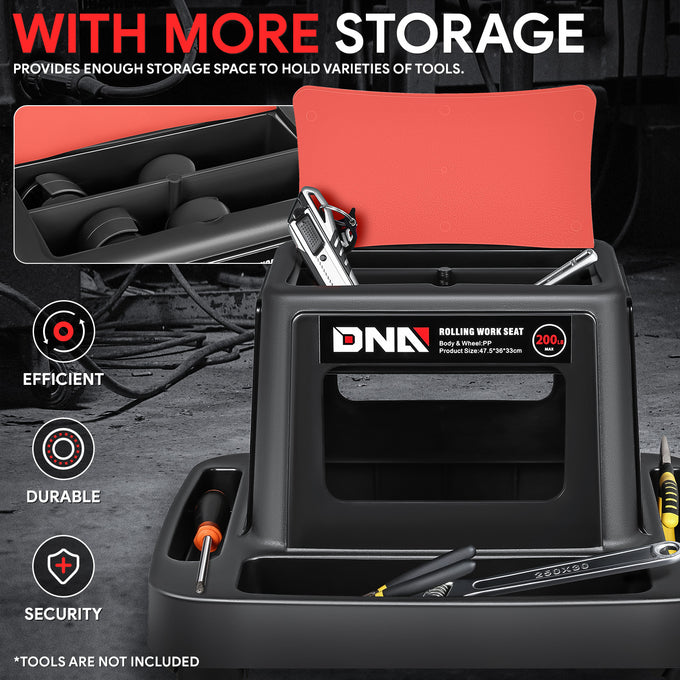 Under-Seat Storage Mobile Plastic Tool Seat <br>Size: 18.7L x 14.1W x 13 in. H