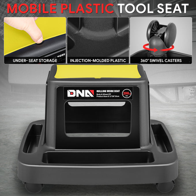 Under-Seat Storage Mobile Plastic Tool Seat <br>Size: 18.7L x 14.1W x 13 in. H