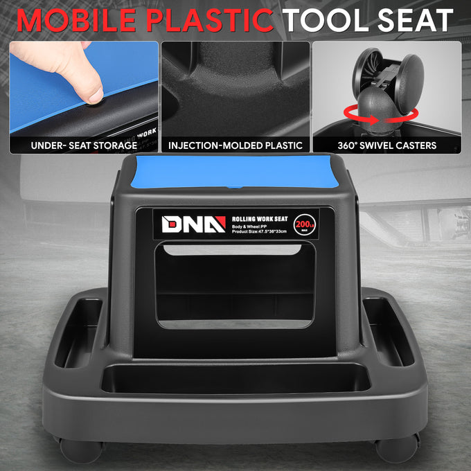 Under-Seat Storage Mobile Plastic Tool Seat <br>Size: 18.7L x 14.1W x 13 in. H