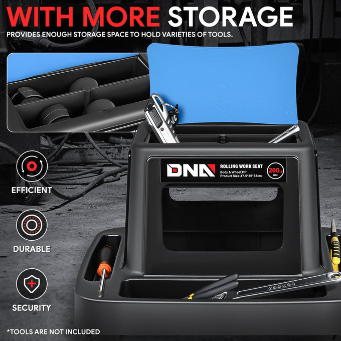 Under-Seat Storage Mobile Plastic Tool Seat <br>Size: 18.7L x 14.1W x 13 in. H