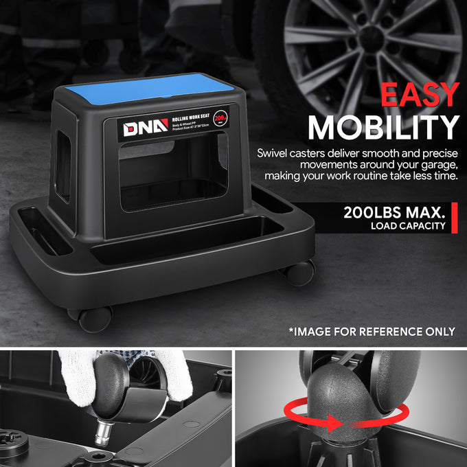 Under-Seat Storage Mobile Plastic Tool Seat <br>Size: 18.7L x 14.1W x 13 in. H