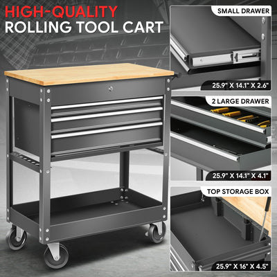 3-Drawers Tool Cabinet w/ Wood Top <br>31.1 in. x16.33 in. x 38.5 in.