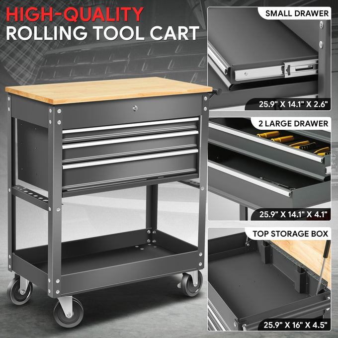 3-Drawers Tool Cabinet w/ Wood Top <br>31.1 in. x16.33 in. x 38.5 in.