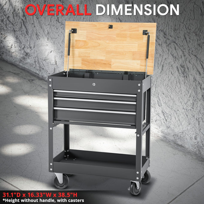 3-Drawers Tool Cabinet w/ Wood Top <br>31.1 in. x16.33 in. x 38.5 in.