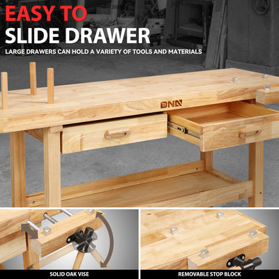 59.84 L x 24.4 W x 32.28 in. H Wood Workbench <br> w/ 2 Additional Drawer