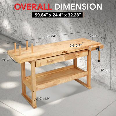 59.84 L x 24.4 W x 32.28 in. H Wood Workbench <br> w/ 2 Additional Drawer