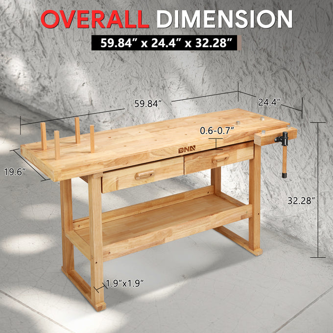 59.84 L x 24.4 W x 32.28 in. H Wood Workbench <br> w/ 2 Additional Drawer