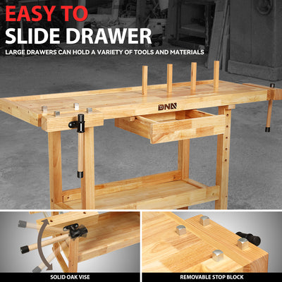 59.8 L x 24.4 W x 33.66 in. H Wood Workbench <br> w/ Additional Drawer