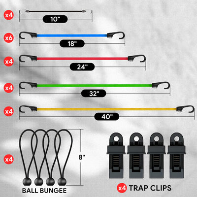 32Pcs Multi-Color Bungee Rubber Latex Rope Assorted Set