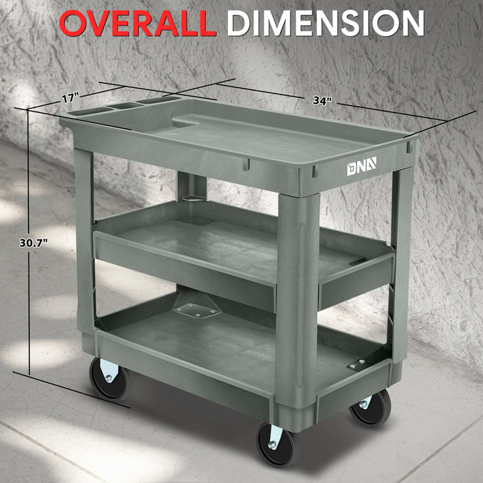 3-Shelf Small Flat Top Rolling Utility Car <br> 34 in. L x 17 in. W x 30.7 in. H