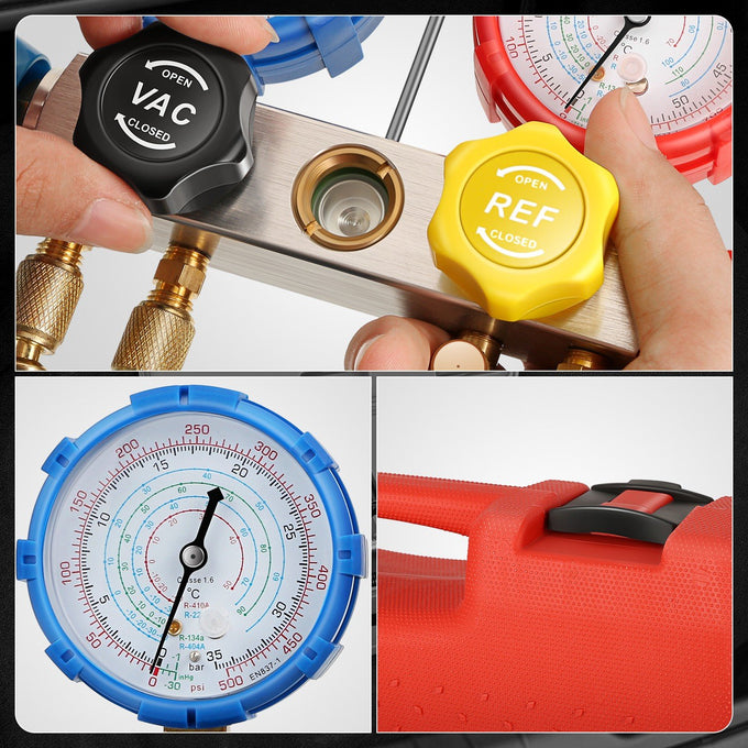 4-Way AC Manifold Gauge tool Set <br> Adjustable T-type handle