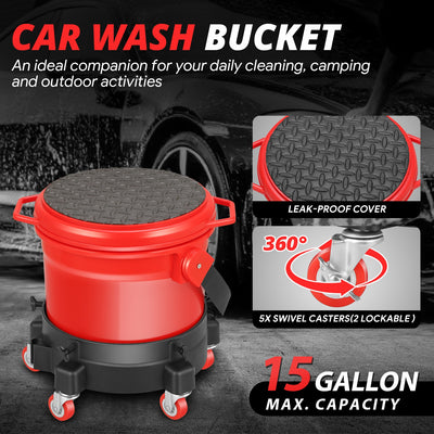 Heavy Duty 15L Car Washing System Bucket Set<br>w/ 5 Swivelling Casters