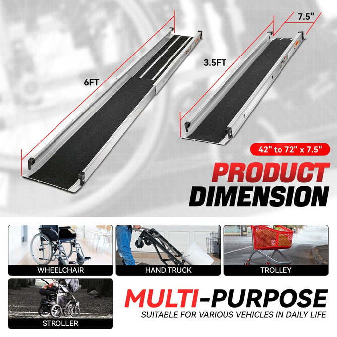 Portable Folding Aluminum Alloy Wheelchair Ramp <br> Adjustable Length from 41.4 in. to 72 in.