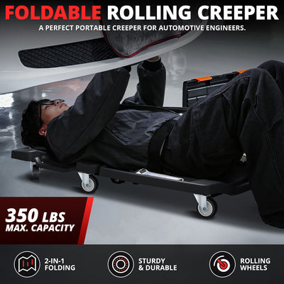 Foldable Rolling Creeper W/Two side trays <br> Dimension(in.): 41.1 L X 21.6 W X 5.1 H