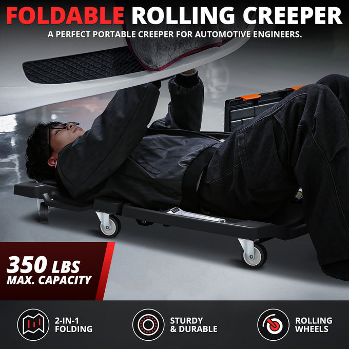 Foldable Rolling Creeper W/Two side trays <br> Dimension(in.): 41.1 L X 21.6 W X 5.1 H