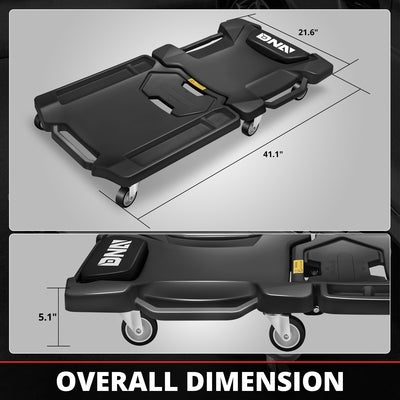 Foldable Rolling Creeper W/Two side trays <br> Dimension(in.): 41.1 L X 21.6 W X 5.1 H