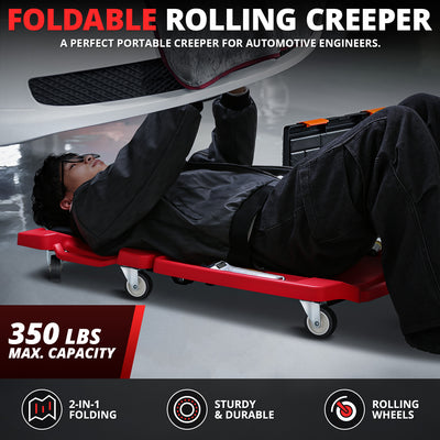 Foldable Rolling Creeper W/Two side trays <br> Dimension(in.): 41.1 L X 21.6 W X 5.1 H