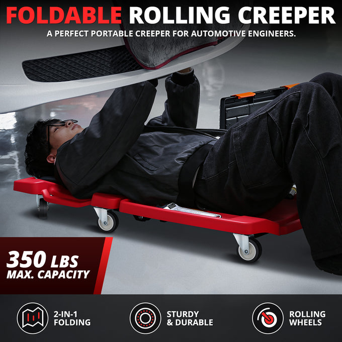 Foldable Rolling Creeper W/Two side trays <br> Dimension(in.): 41.1 L X 21.6 W X 5.1 H
