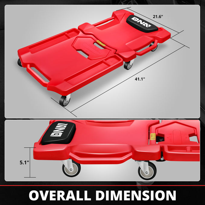 Foldable Rolling Creeper W/Two side trays <br> Dimension(in.): 41.1 L X 21.6 W X 5.1 H