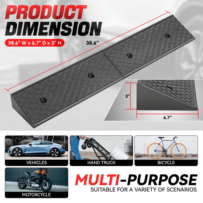 2pcs Rise Rubber Incline Ramps <BR> 38.6 in L x 6.7 in W x 3 in H in.