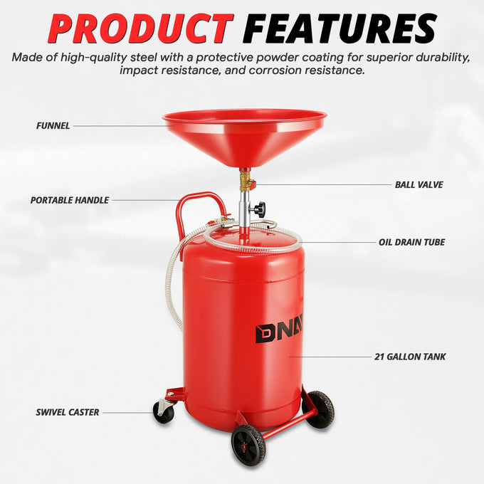 Portable 21 Gallon Waste Oil Drain Tank<br>Adjustable Heights Ranging From 38 to 65 in.