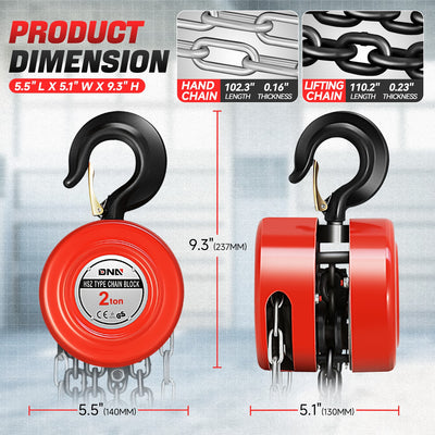 2 Ton Hand Chain Hoists w/Load Chain <br> Dimension ( in.): 5.5 L X 5.1 W X 9.3 H