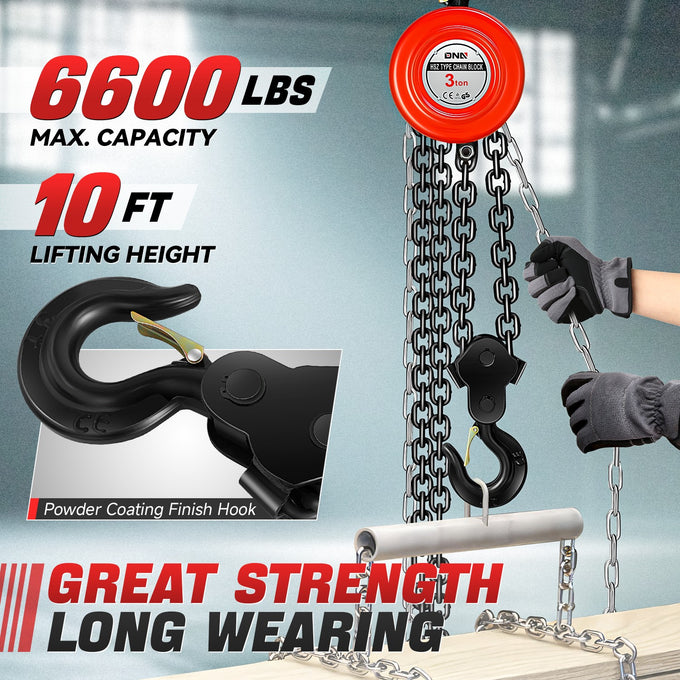 3 Ton Hand Chain Hoists w/Load Chain <br> Dimension ( in.): 6.7 L X 5.5 W X 10.7 H