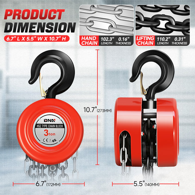 3 Ton Hand Chain Hoists w/Load Chain <br> Dimension ( in.): 6.7 L X 5.5 W X 10.7 H