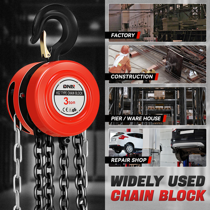 3 Ton Hand Chain Hoists w/Load Chain <br> Dimension ( in.): 6.7 L X 5.5 W X 10.7 H