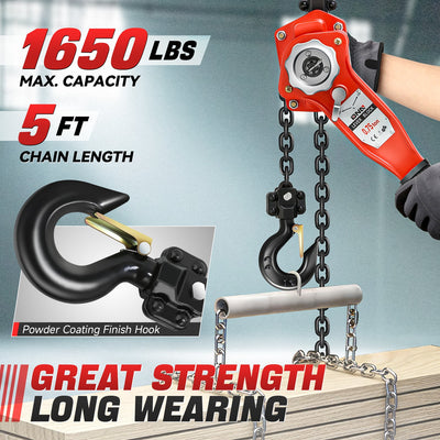 0.75 T Lever Block W/ 5 ft. Chain Hoist & Hook <br> Dimension ( in. ): 5.9 L X 4.5 W X 17.5 H