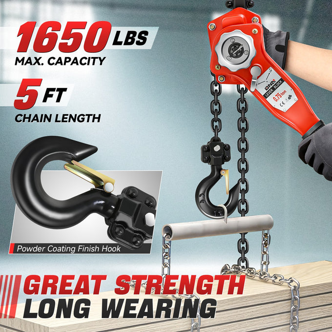 0.75 T Lever Block W/ 5 ft. Chain Hoist & Hook <br> Dimension ( in. ): 5.9 L X 4.5 W X 17.5 H