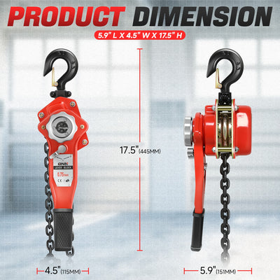 0.75 T Lever Block W/ 5 ft. Chain Hoist & Hook <br> Dimension ( in. ): 5.9 L X 4.5 W X 17.5 H