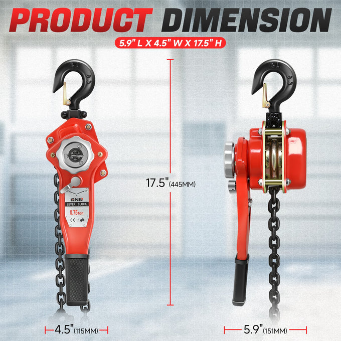 0.75 T  Lever Block W/10 ft. Chain Hoist & Hook <br> Dimnesion ( in. ): 5.9 L X 4.5 W X 17.5 H