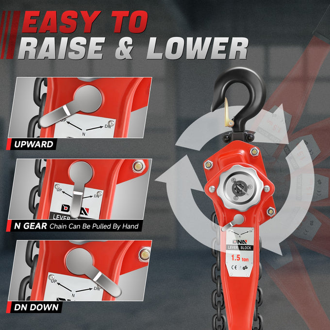 1.5 T Lever Block W/5 ft. Chain Hoist & Hook <br> Dimension ( in. ): 6.6 L X 4.8 W X 25.1 H