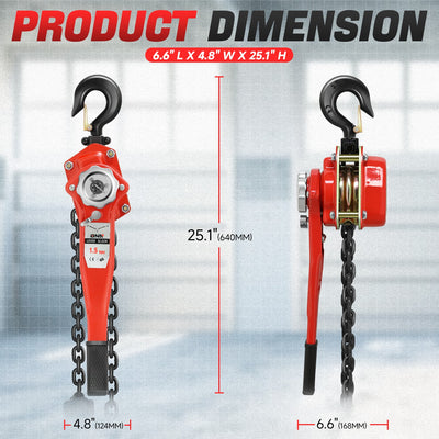 1.5 T Lever Block W/5 ft. Chain Hoist & Hook <br> Dimension ( in. ): 6.6 L X 4.8 W X 25.1 H
