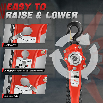 1.5 T Lever Block W/10 ft. Chain Hoist & Hook <br> Dimension ( in. ): 6.6 L X 4.8 W X 25.1 H