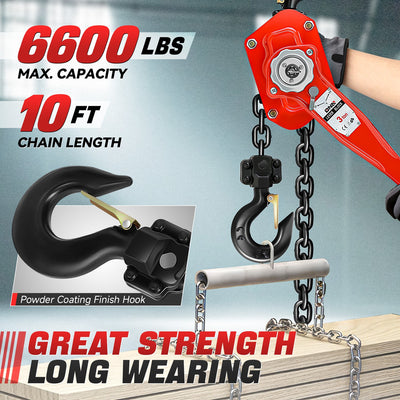 3 T Lever Block W/10 ft. Chain Hoist & Hook <br> Dimension ( in. ): 7.87 L X 4.9 W X 26.5 H