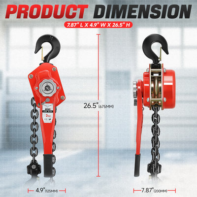 3 T Lever Block W/10 ft. Chain Hoist & Hook <br> Dimension ( in. ): 7.87 L X 4.9 W X 26.5 H