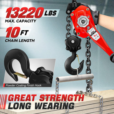 6 T Lever Block W/10 ft. Chain Hoist & Hook <br> Dimension ( in. ): 7.6 L X 5.7 W X 29 H