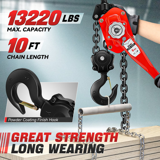 6 T Lever Block W/10 ft. Chain Hoist & Hook <br> Dimension ( in. ): 7.6 L X 5.7 W X 29 H
