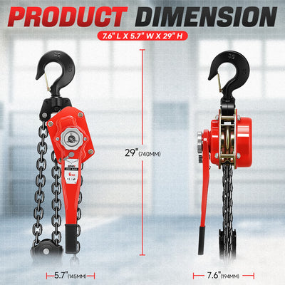 6 T Lever Block W/10 ft. Chain Hoist & Hook <br> Dimension ( in. ): 7.6 L X 5.7 W X 29 H