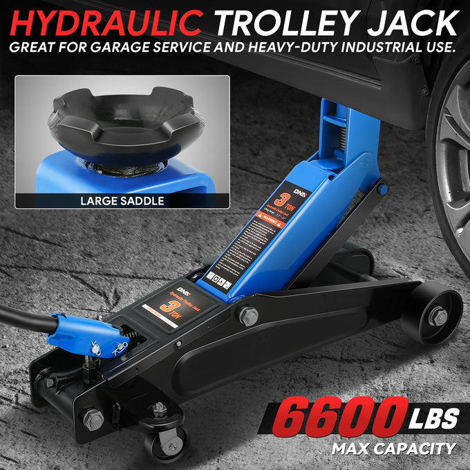 3 Ton Steel Portability Trolley Floor Jack <br> Lifting Height Range: 7.7 in. - 21 in.
