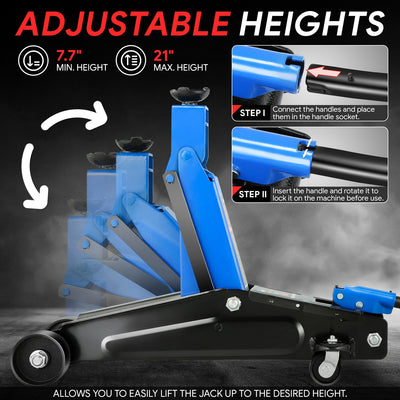 3 Ton Steel Portability Trolley Floor Jack <br> Lifting Height Range: 7.7 in. - 21 in.