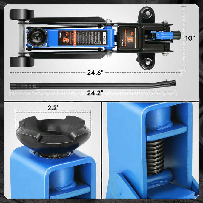3 Ton Steel Portability Trolley Floor Jack <br> Lifting Height Range: 7.7 in. - 21 in.
