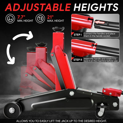 3 Ton Hydraulic Trolley Floor Jack <br> Lifting Height Range: 7.7 in. - 21 in.