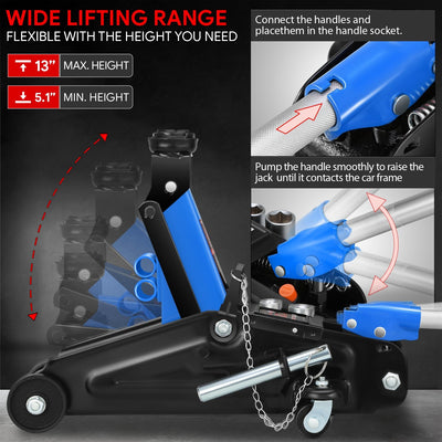 2-Ton Portability Hydraulic Floor Jack <br> Lifting Height of 5.1 and a Max. Height of 13 in.